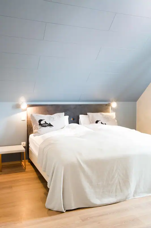 Hótelherbergi með hvítu rúmi undir súð