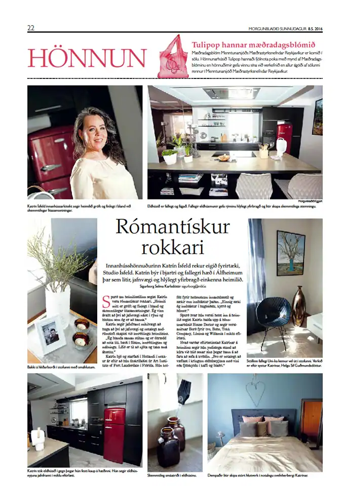 Hönnunaropna Morgunblaðsins með fyrirsögninni „Rómantískur rokkari“ og myndum úr verkefnum Katrínar