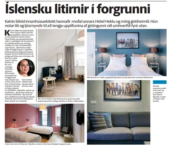 Blaðagrein um Hótel Heklu og gistiheimili með fyrirsögninni „Íslensku litirnir í forgrunni“